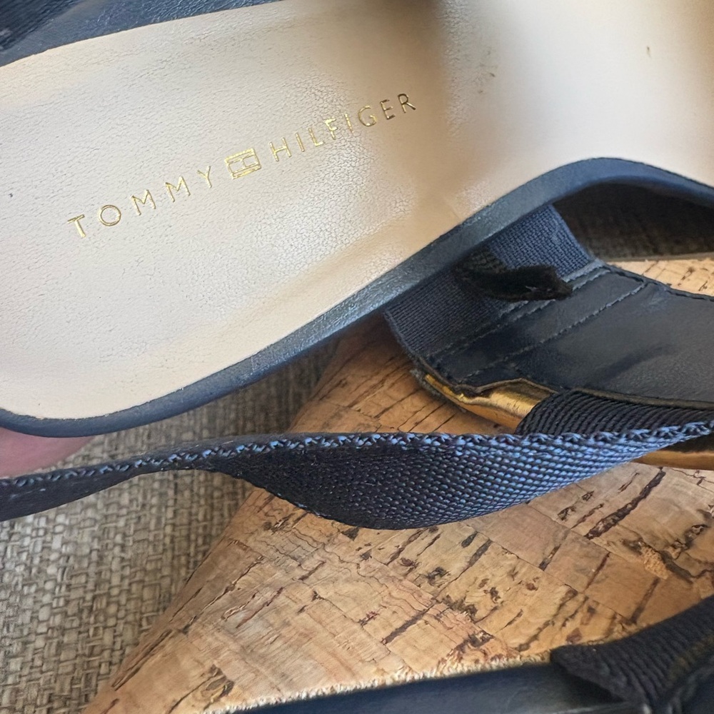 Tommy Hilfiger Navy, White & Red Striped Slingback Sandals with Gold Trim - Picture 3 of 5